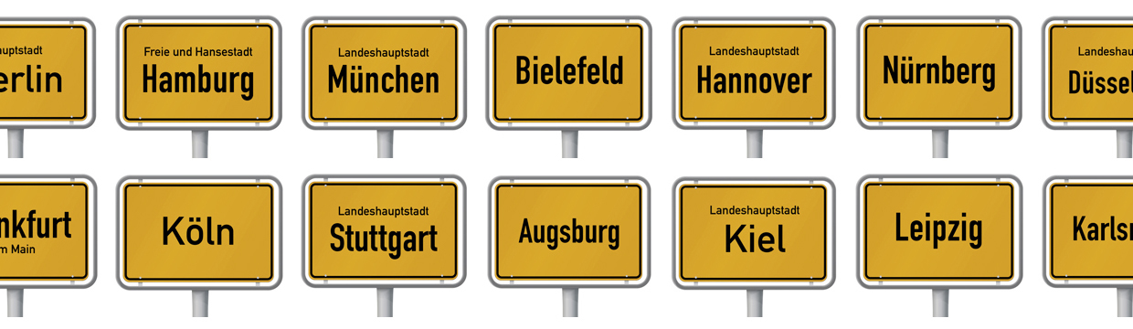 Städteschilder, die bundesweite Tätigkeit der Kanzlei suggerieren